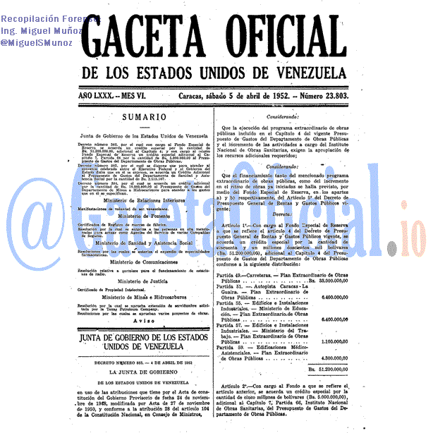 Gaceta Oficial 23803 del 5 Abril 1952