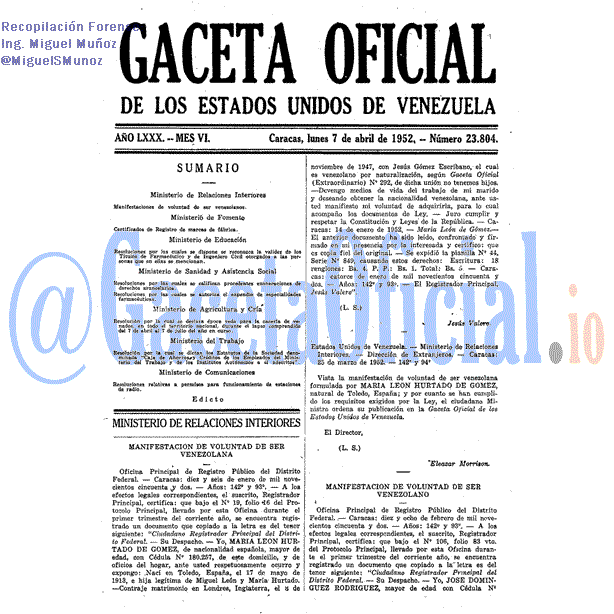 Gaceta Oficial 23804 del 7 Abril 1952