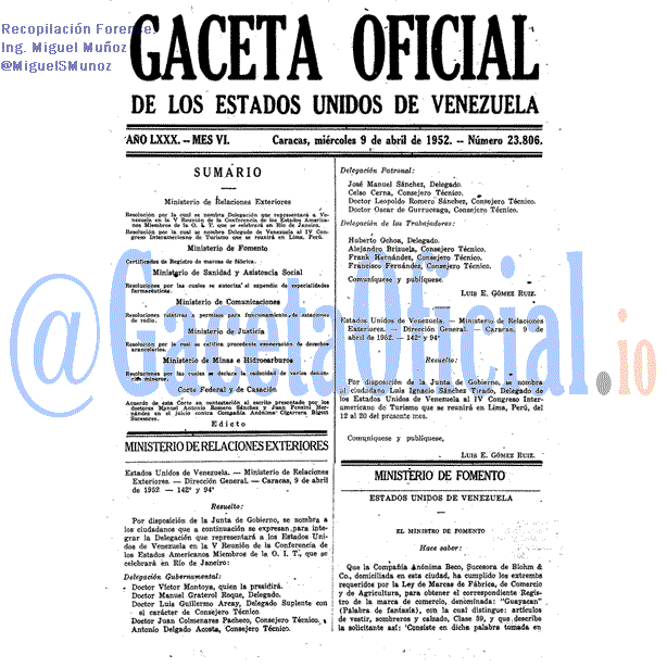 Gaceta Oficial 23806 del 9 Abril 1952