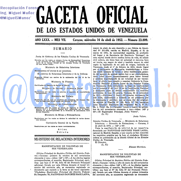 Gaceta Oficial 23809 del 16 Abril 1952