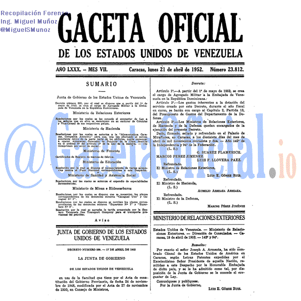 Gaceta Oficial 23812 del 21 Abril 1952