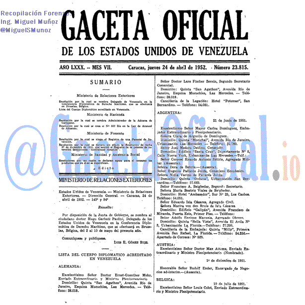 Gaceta Oficial 23815 del 24 Abril 1952