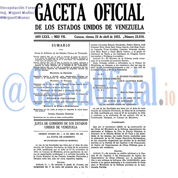 Gaceta Oficial 23816 del 25 Abril 1952