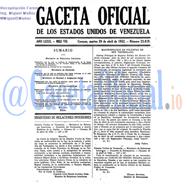 Gaceta Oficial 23819 del 29 Abril 1952