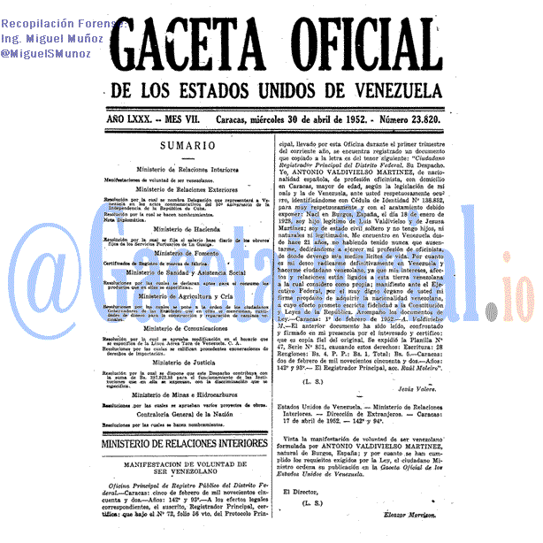 Gaceta Oficial 23820 del 30 Abril 1952