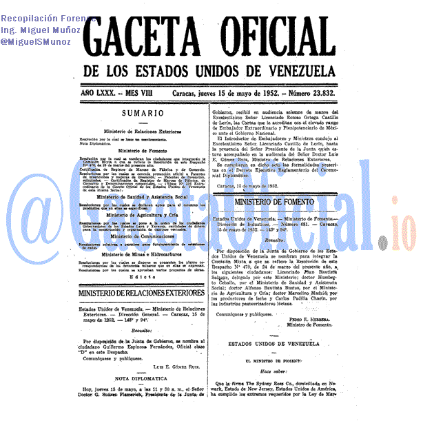 Gaceta Oficial 23832 del 15 Mayo 1952