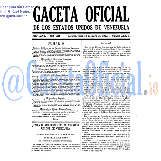 Gaceta Oficial 23835 del 19 Mayo 1952