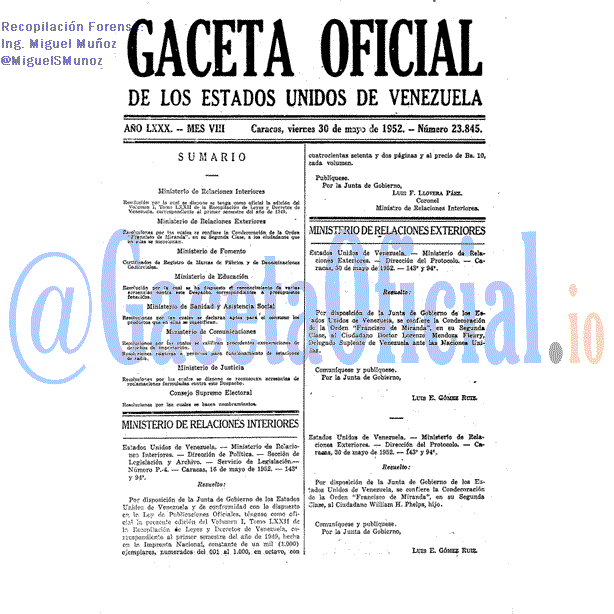 Gaceta Oficial 23845 del 30 Mayo 1952
