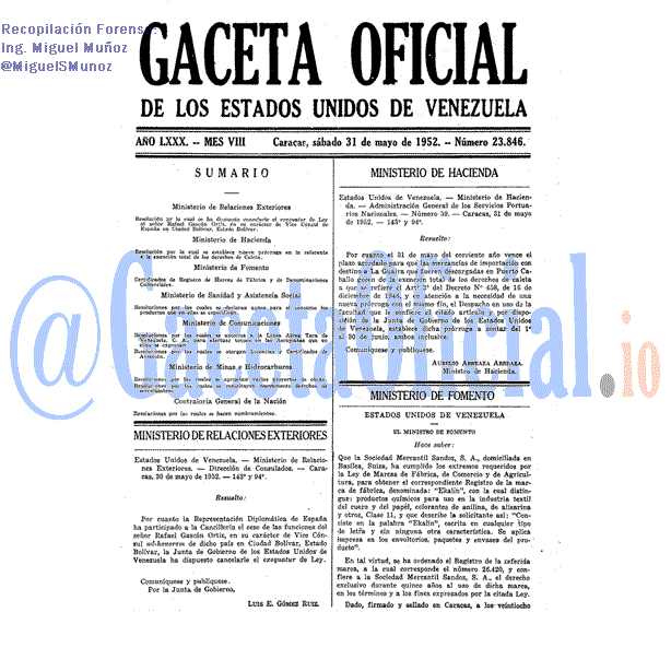 Gaceta Oficial 23846 del 31 Mayo 1952