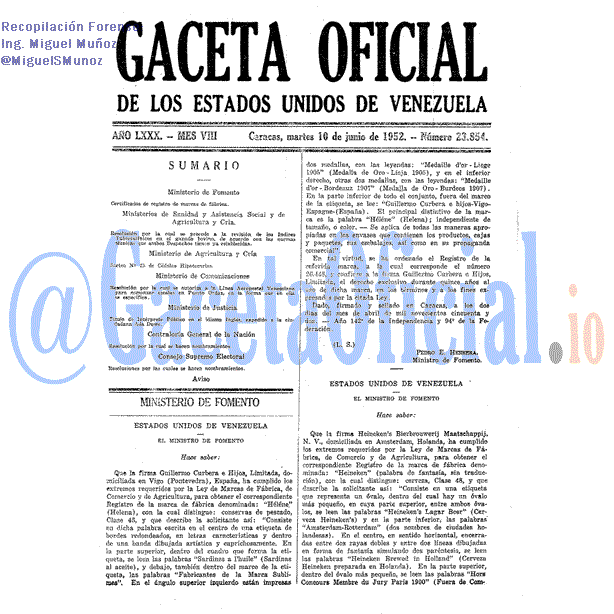 Gaceta Oficial 23854 del 10 Junio 1952