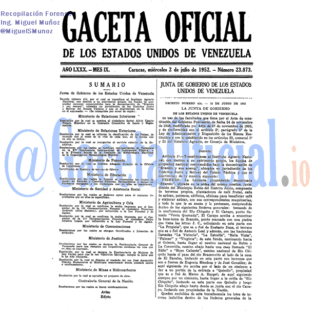Gaceta Oficial 23873 del 2 Julio 1952