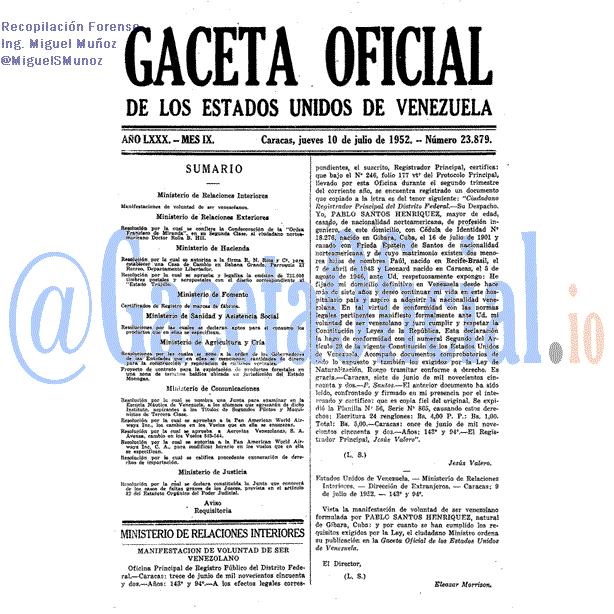 Gaceta Oficial 23879 del 10 Julio 1952