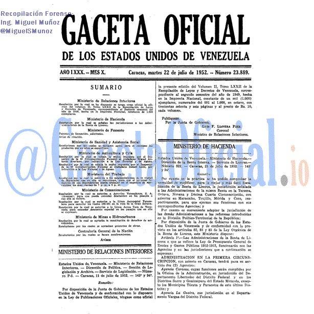 Gaceta Oficial 23889 del 22 Julio 1952