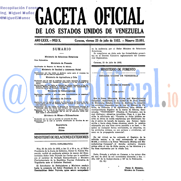Gaceta Oficial 23891 del 25 Julio 1952