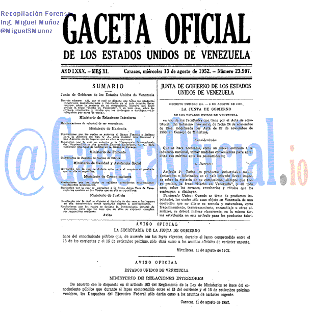 Gaceta Oficial 23907 del 13 Agosto 1952