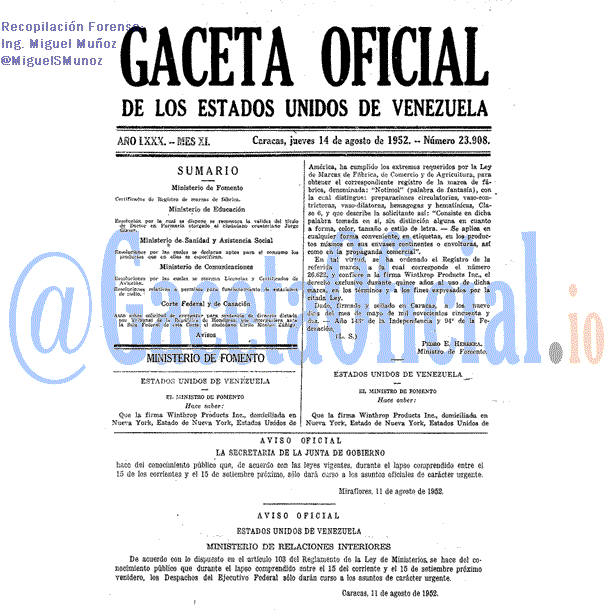 Gaceta Oficial 23908 del 14 Agosto 1952