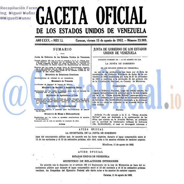 Gaceta Oficial 23909 del 15 Agosto 1952