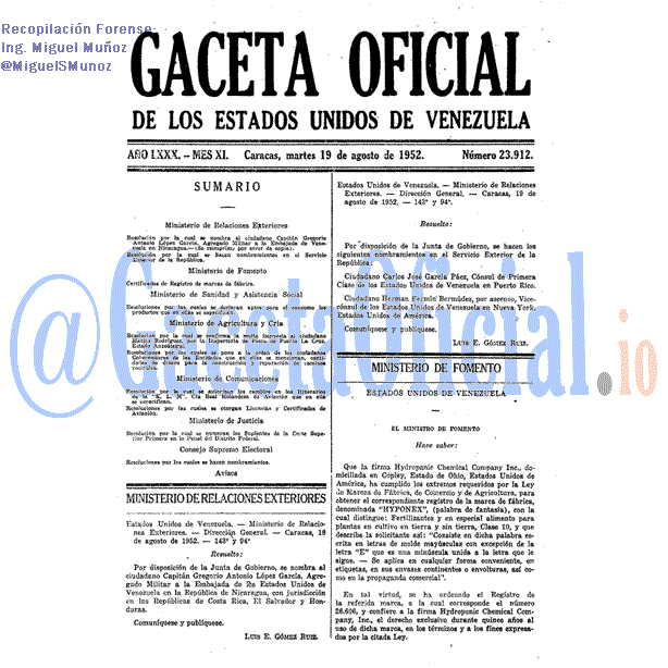 Gaceta Oficial 23912 del 19 Agosto 1952