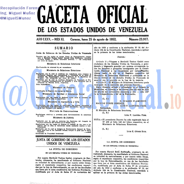 Gaceta Oficial 23917 del 25 Agosto 1952