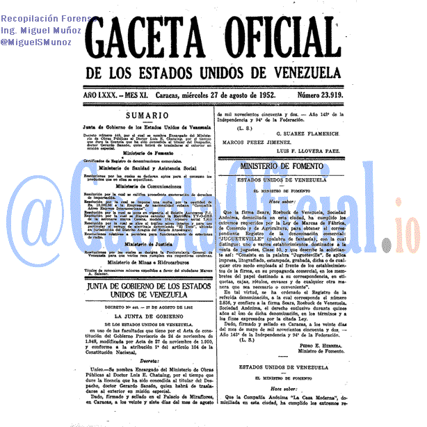 Gaceta Oficial 23919 del 27 Agosto 1952
