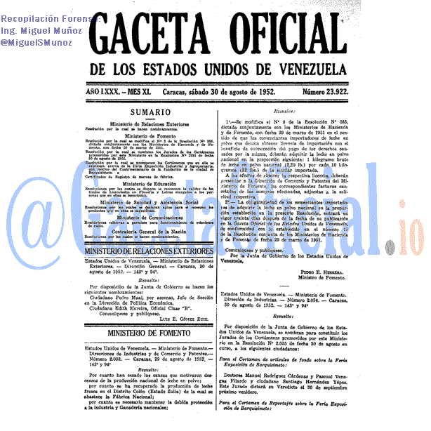 Gaceta Oficial 23922 del 30 Agosto 1952