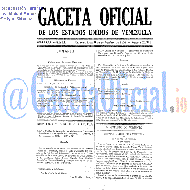 Gaceta Oficial 23929 del 8 Septiembre 1952