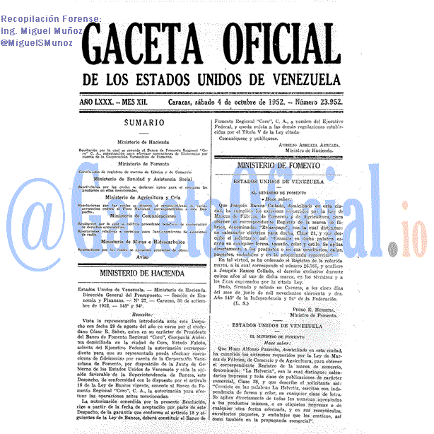 Gaceta Oficial 23952 del 4 Octubre 1952