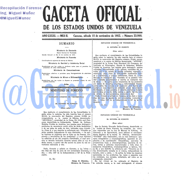 Gaceta Oficial 23988 del 15 Noviembre 1952