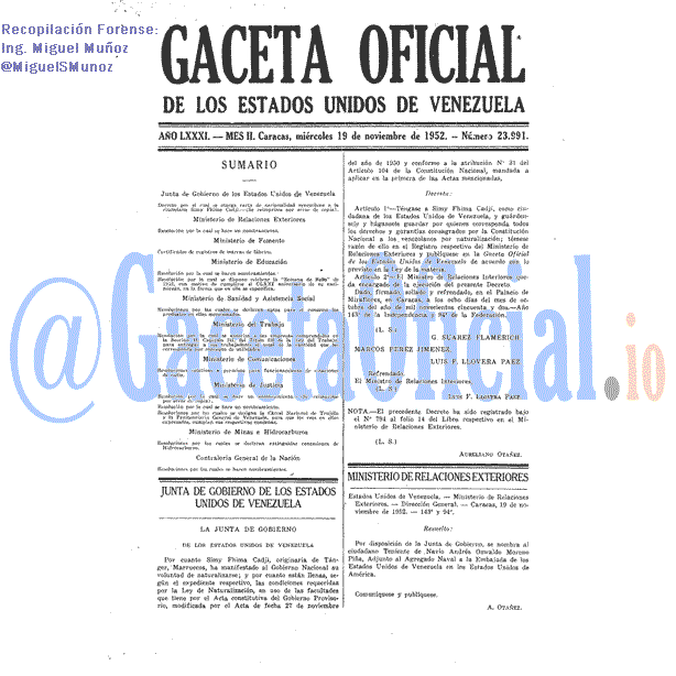 Gaceta Oficial 23991 del 19 Noviembre 1952