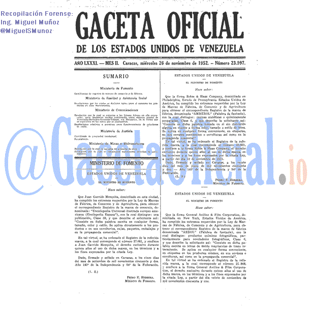 Gaceta Oficial 23997 del 26 Noviembre 1952