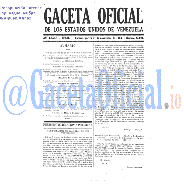 Gaceta Oficial 23998 del 27 Noviembre 1952