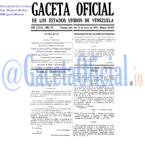 Gaceta Oficial 24037 del 14 Enero 1953