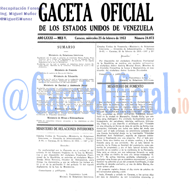 Gaceta Oficial 24073 del 25 Febrero 1953