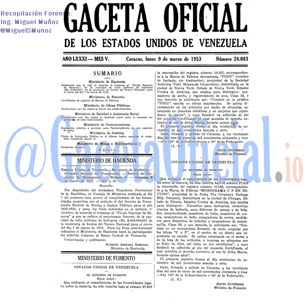 Gaceta Oficial 24083 del 9 Marzo 1953