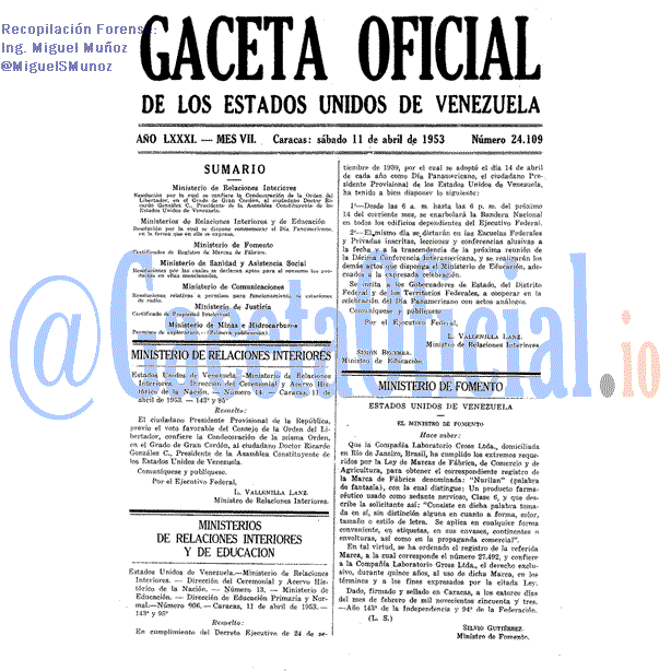 Gaceta Oficial 24109 del 11 Abril 1953