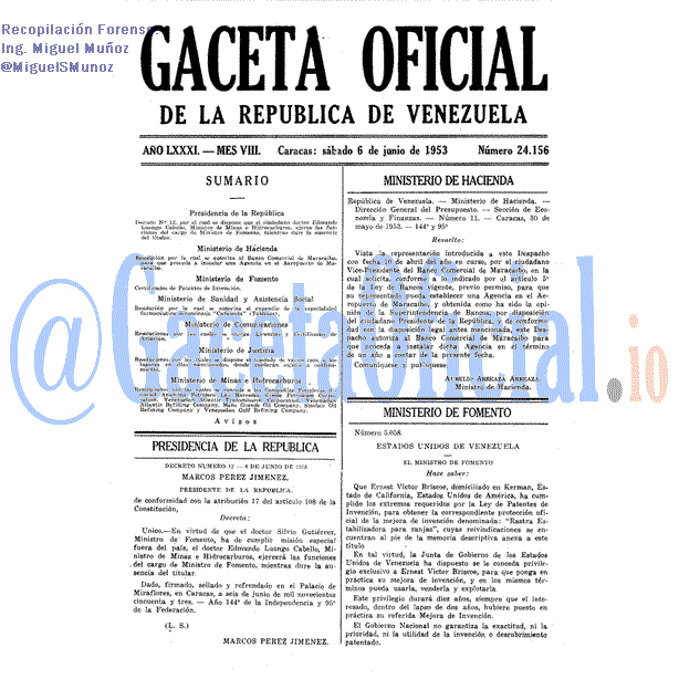 Gaceta Oficial 24156 del 6 Junio 1953
