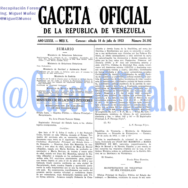 Gaceta Oficial 24192 del 18 Julio 1953