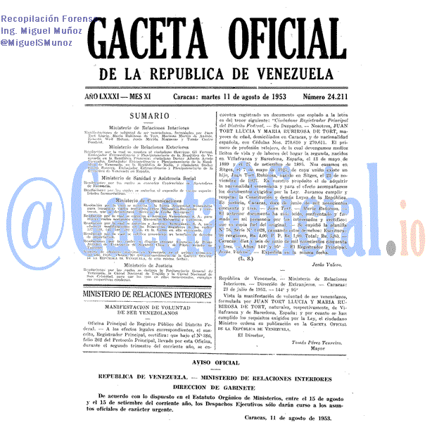 Gaceta Oficial 24211 del 11 Agosto 1953