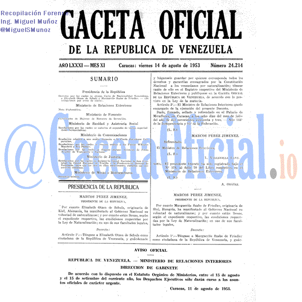 Gaceta Oficial 24214 del 14 Agosto 1953