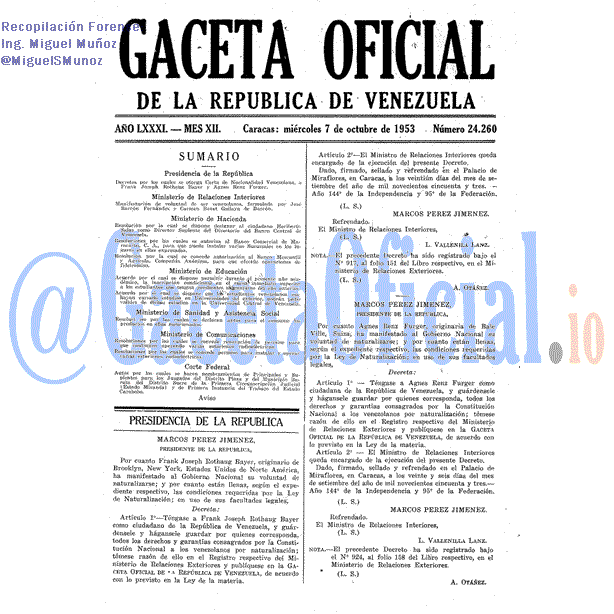 Gaceta Oficial 24260 del 7 Octubre 1953
