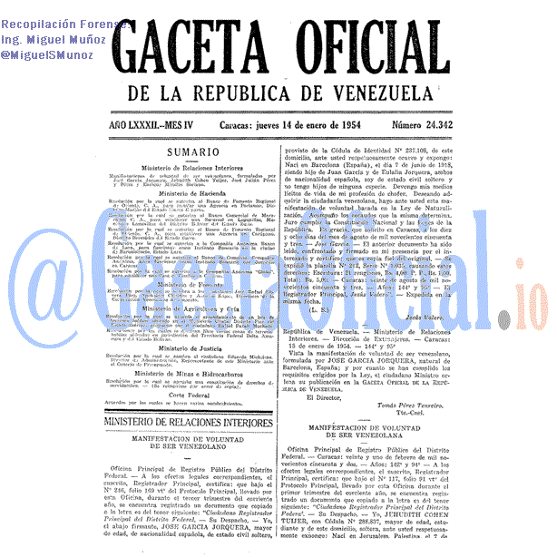 Gaceta Oficial 24342 del 14 Enero 1954