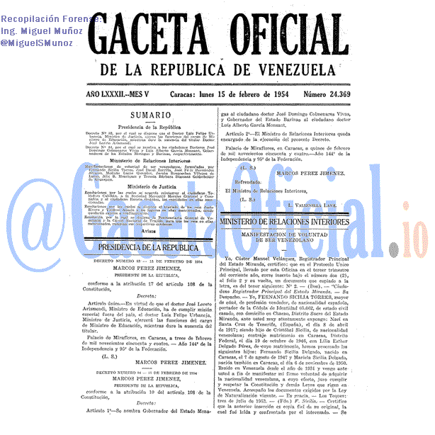 Gaceta Oficial 24369 del 15 Febrero 1954