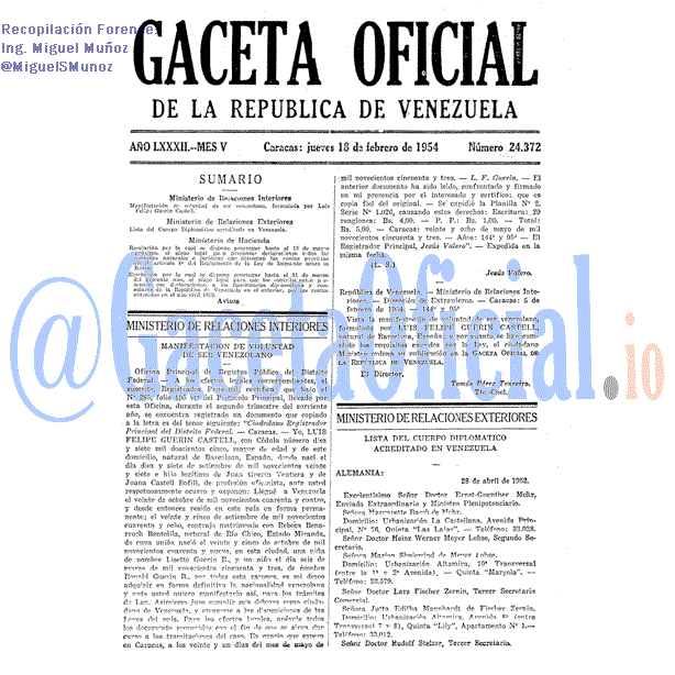 Gaceta Oficial 24372 del 18 Febrero 1954