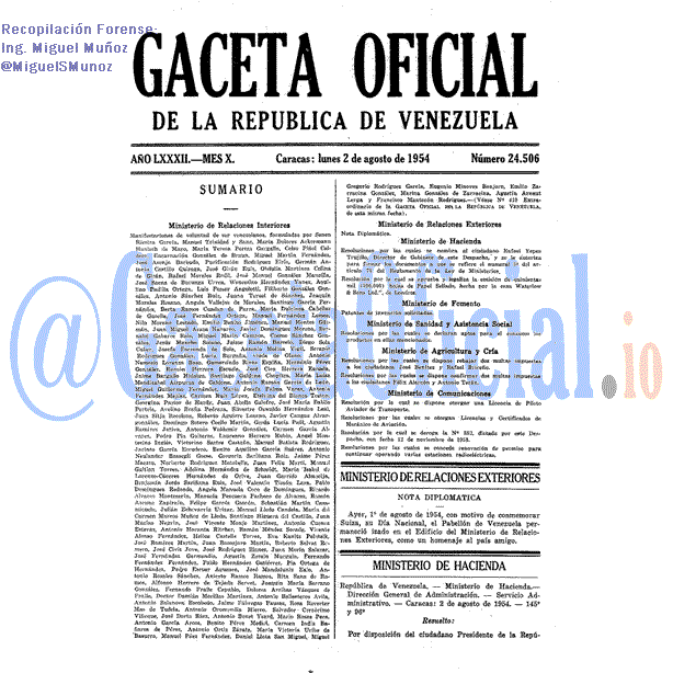 Gaceta Oficial 24506 del 2 Agosto 1954