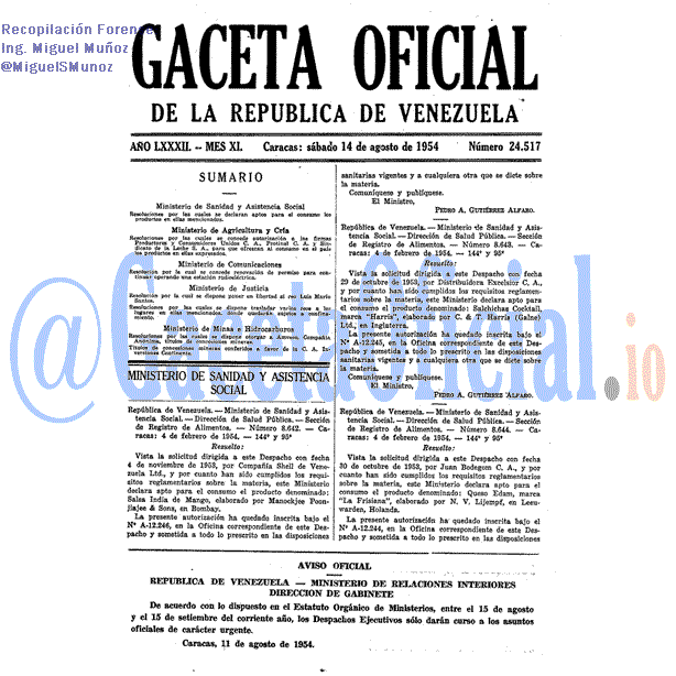 Gaceta Oficial 24517 del 14 Agosto 1954