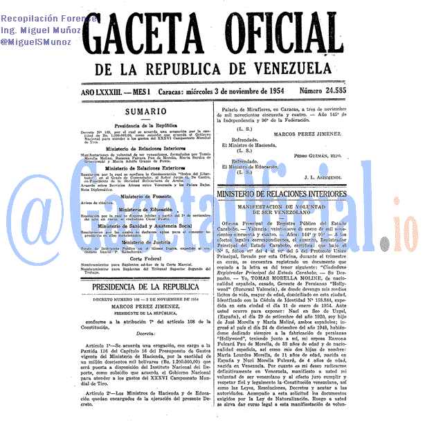 Gaceta Oficial 24585 del 3 Noviembre 1954