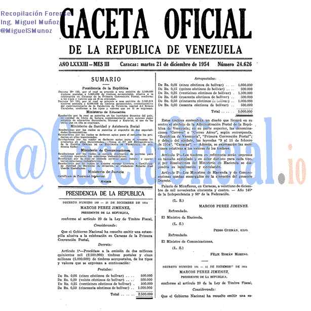 Gaceta Oficial 24626 del 21 Diciembre 1954