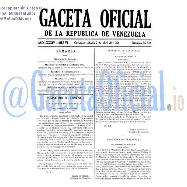 Gaceta Oficial 25021 del 7 Abril 1956
