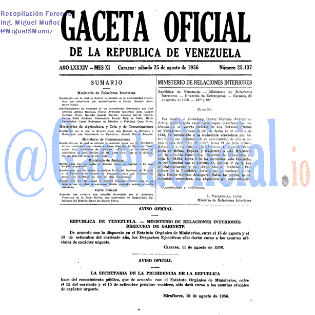 Gaceta Oficial 25137 del 25 Agosto 1956