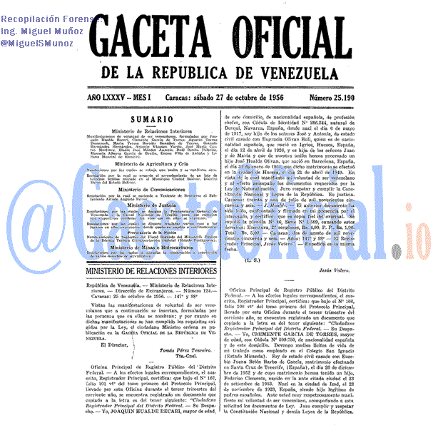 Gaceta Oficial 25190 del 27 Octubre 1956